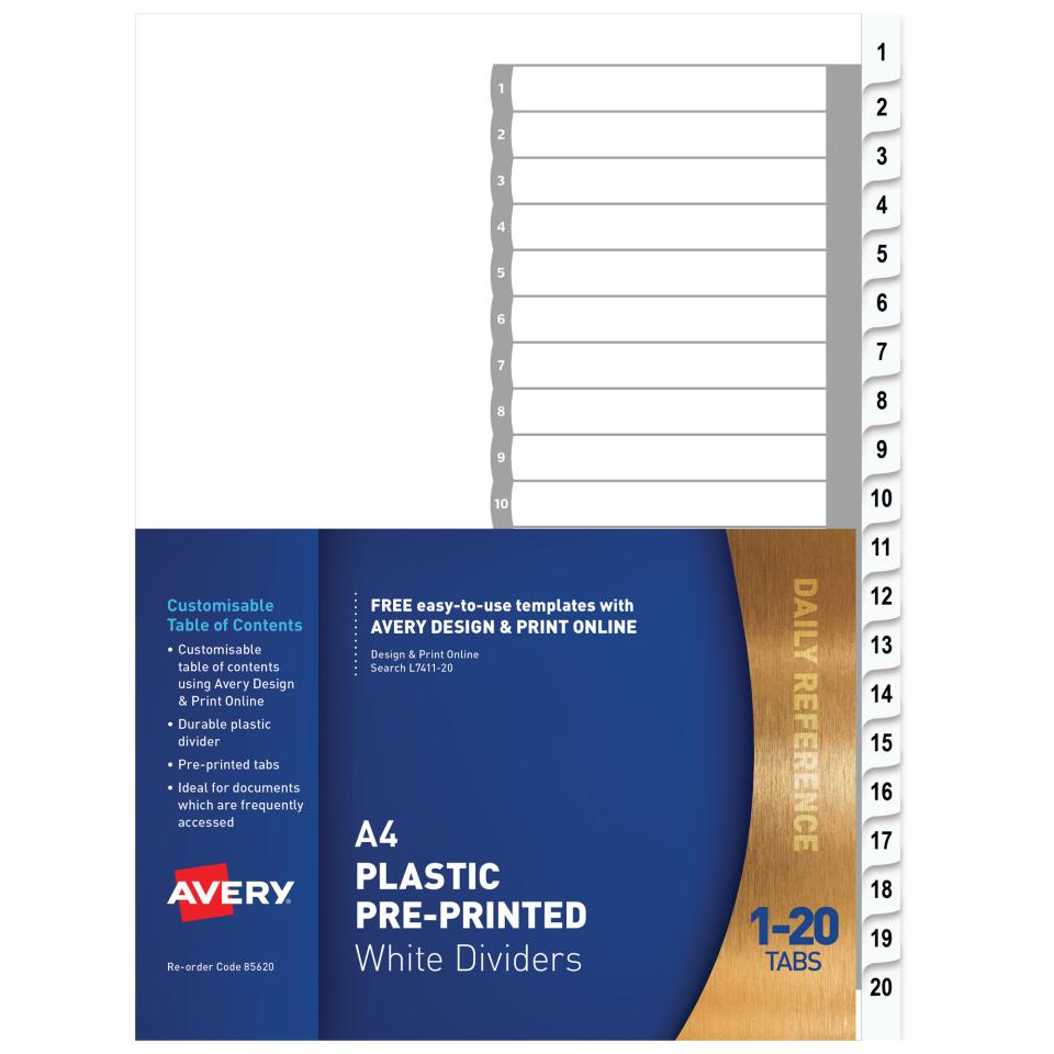 Avery Dividers A4 Polypropylene Printed 1-20 Numerical Tab White Image