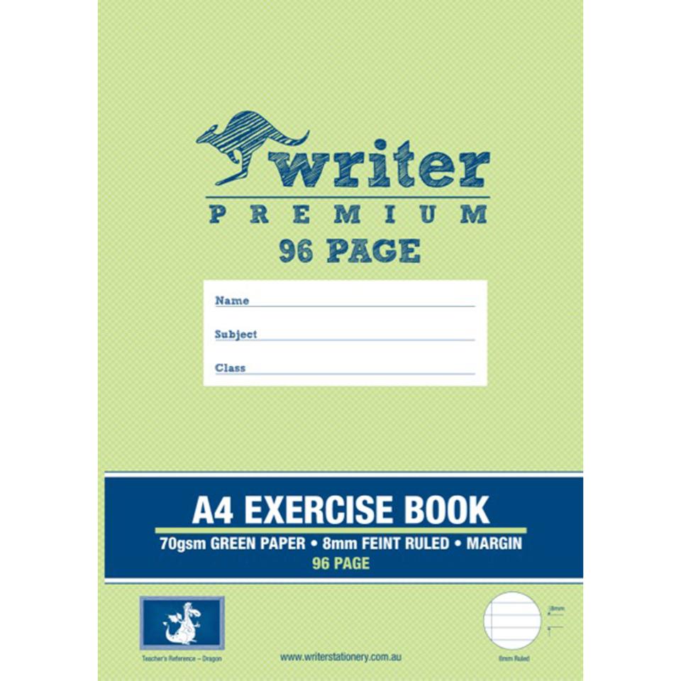 Writer Premium A4 Exercise Book 8mm Ruled/Margin Green 96 Pages