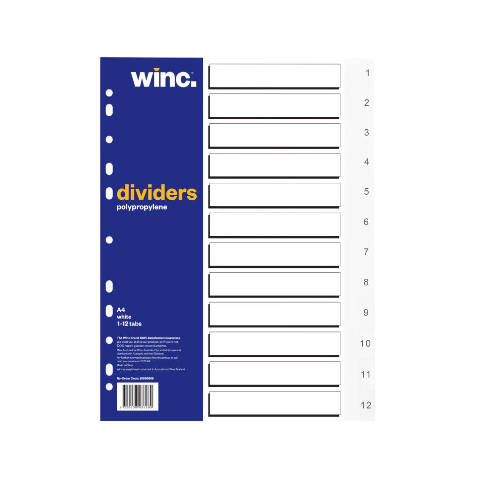 Winc Dividers A4 Polypropylene 1-12 Numerical White Tab