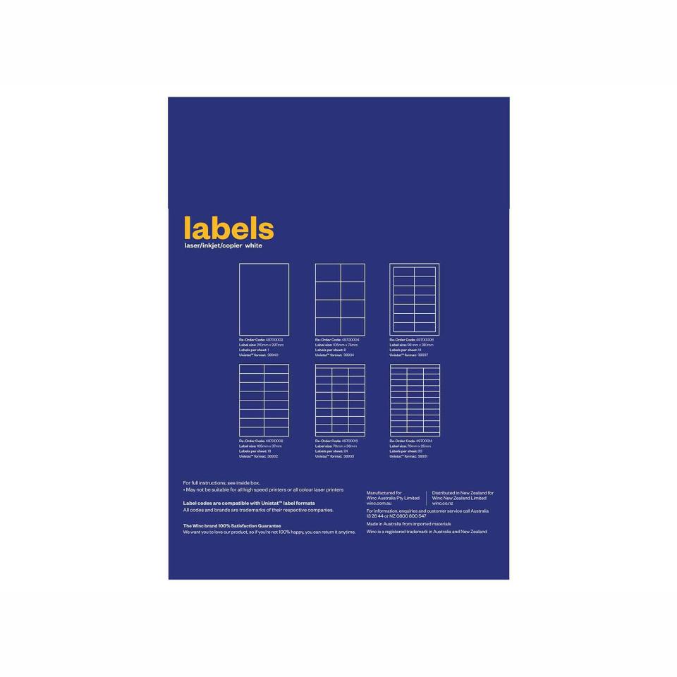 Winc Laser Labels 70 x 36mm 24 Per Sheet Pack White 100 Sheets Winc