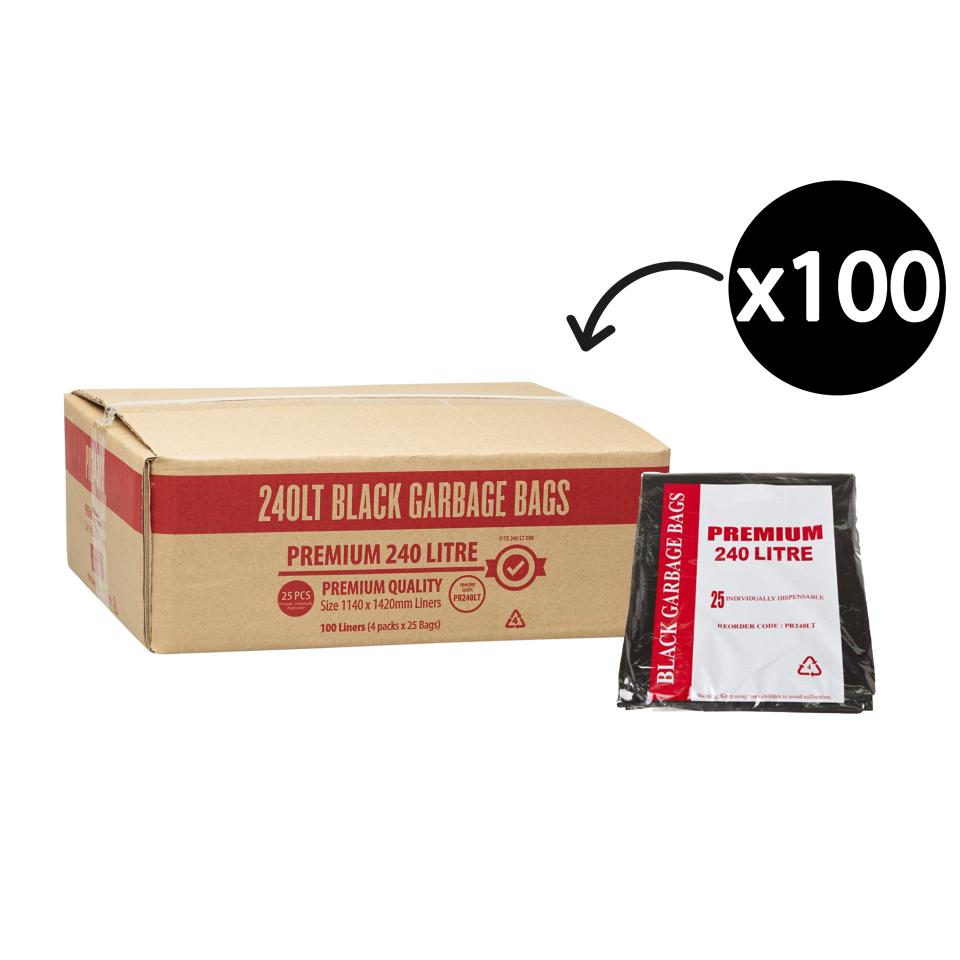 Austar Bin Liners Premium Heavy Duty 240 Litre Black Packet 25 Carton