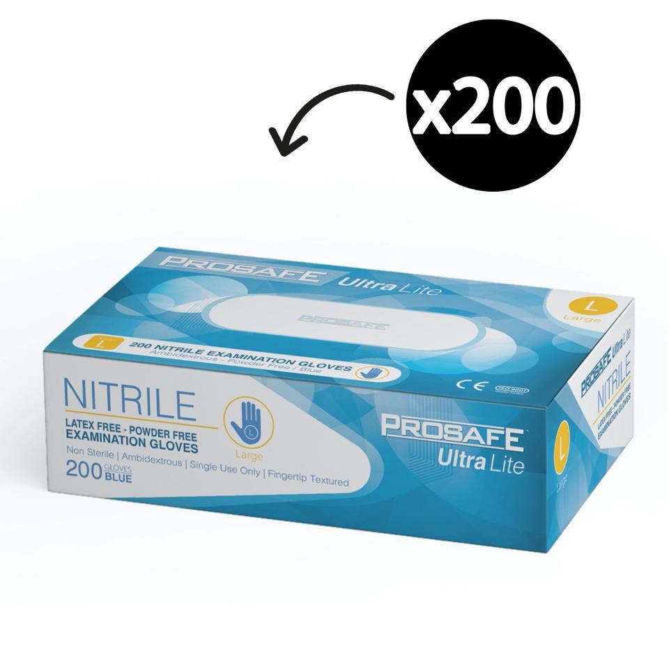 Prosafe Ultra Lite Nitrile Examination Gloves Powder Free Blue Box 200