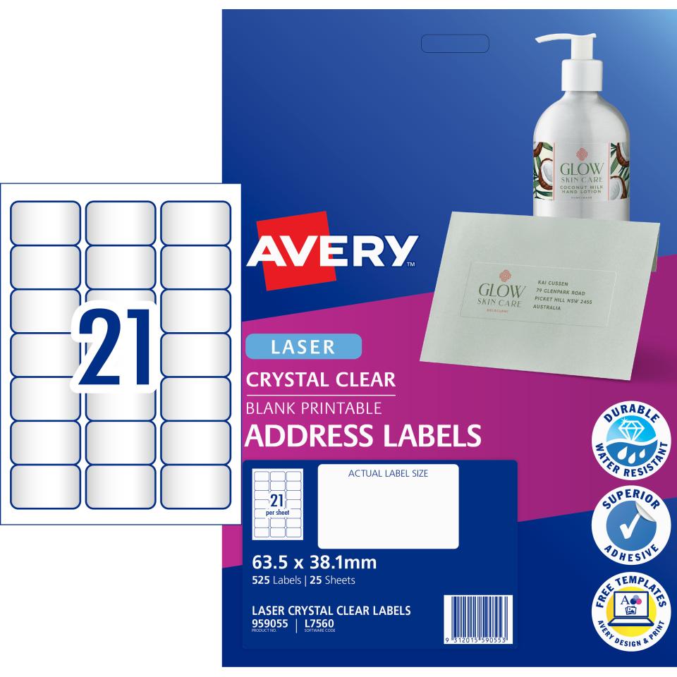 Avery Crystal Clear Address Labels for Laser Printers - 63.5 x 38.1mm - 525 Labels (L7560)