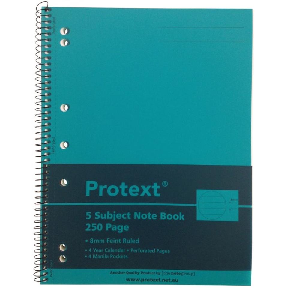 Protext A4 Spiral 5 Subject Book 8mm Feint Ruled 55GSM Assorted Clrs Polypropylene Cover 250 Pages