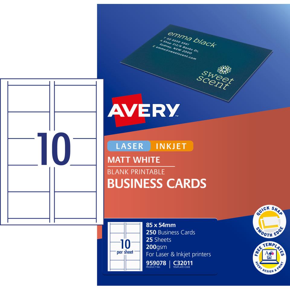 Avery Quick & Clean Business Cards 200gsm 85 x 54mm White Matt Finish Single Sided 25 Sheets