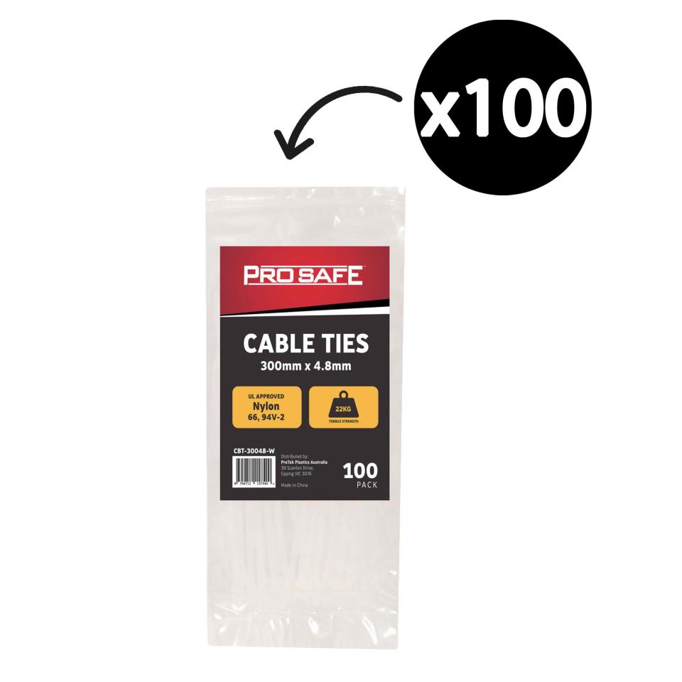 Pro Safe White Cable Ties 300mm X 4.8mm Pack 100