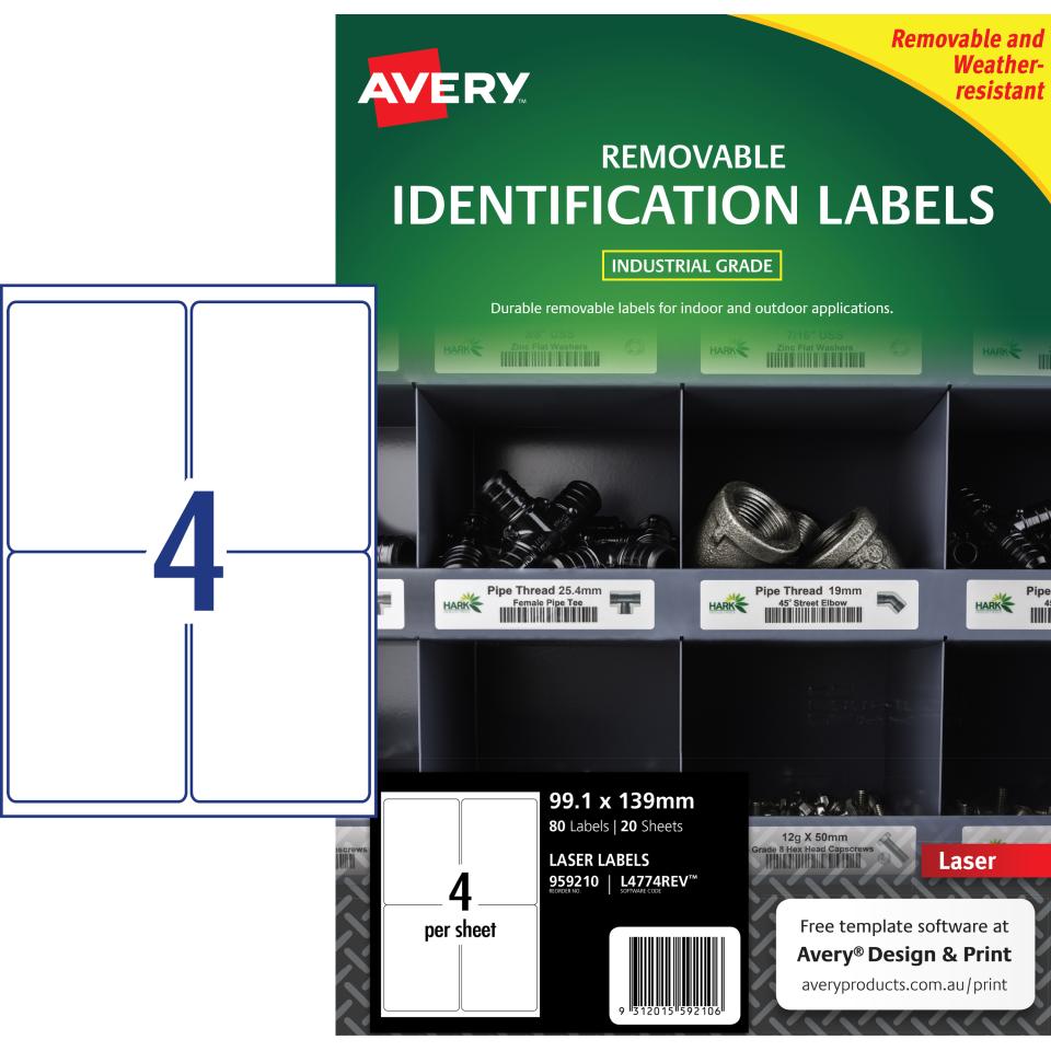 Avery Removable  Label White L4774rev   4up 99.1 x 139mm Pkt 20