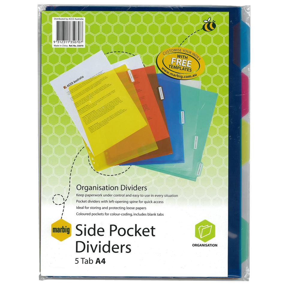 Marbig A4 Dividers Plastic 5 Pocket Coloured Winc