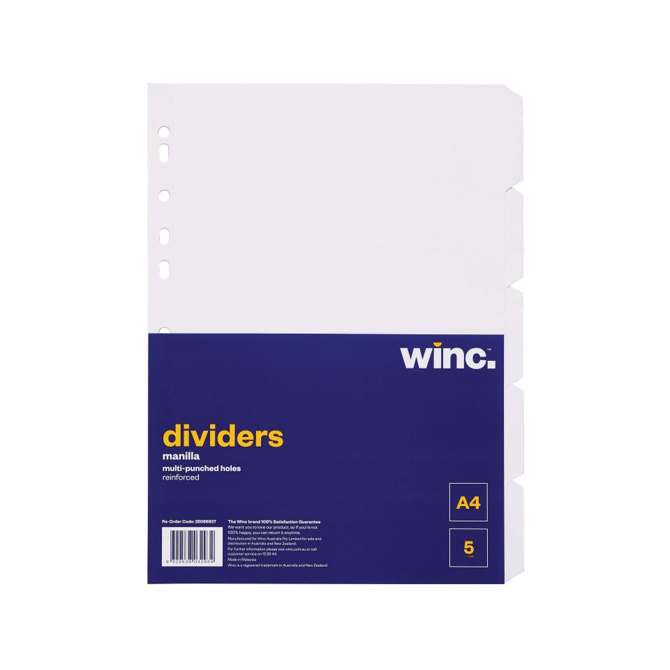Winc Dividers A4 Manilla White 5 Tab