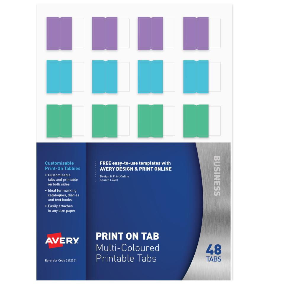 Avery Print On Tabs Multi coloured 48 Tabs 5412501 L7431 Winc