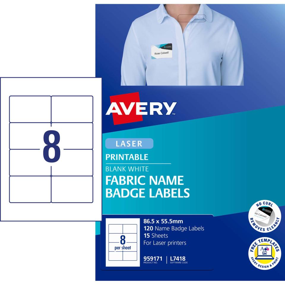 Avery L7418 Fabric Name Badge Labels for Laser Printers 86.5 x 55.5mm 120 Labels