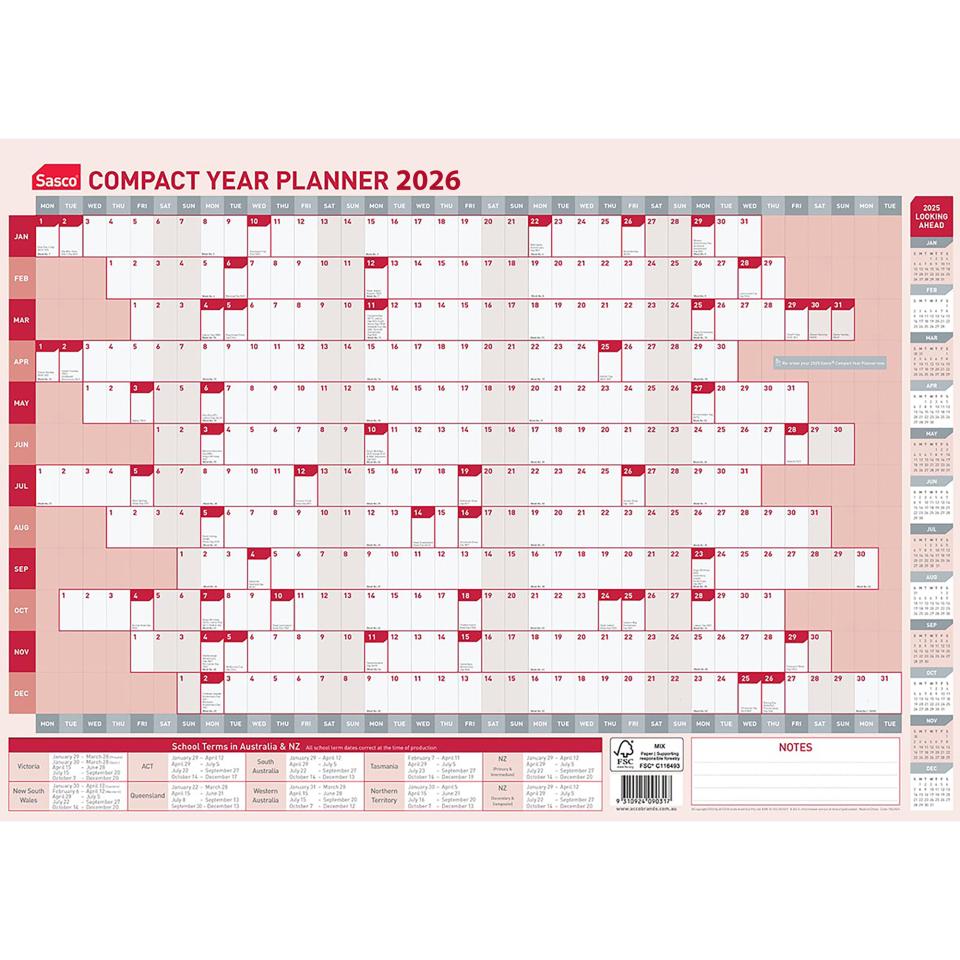 Sasco 2026 Compact Year Wall Planner 594mm x 420mm Image