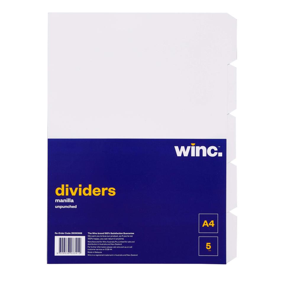 Winc Dividers A4 Manilla Unpunched White 5 Tab