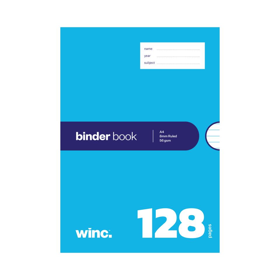 Winc Binder Book A4 8mm Ruled 7 Hole Punch Red Margin 56gsm 128 Pages