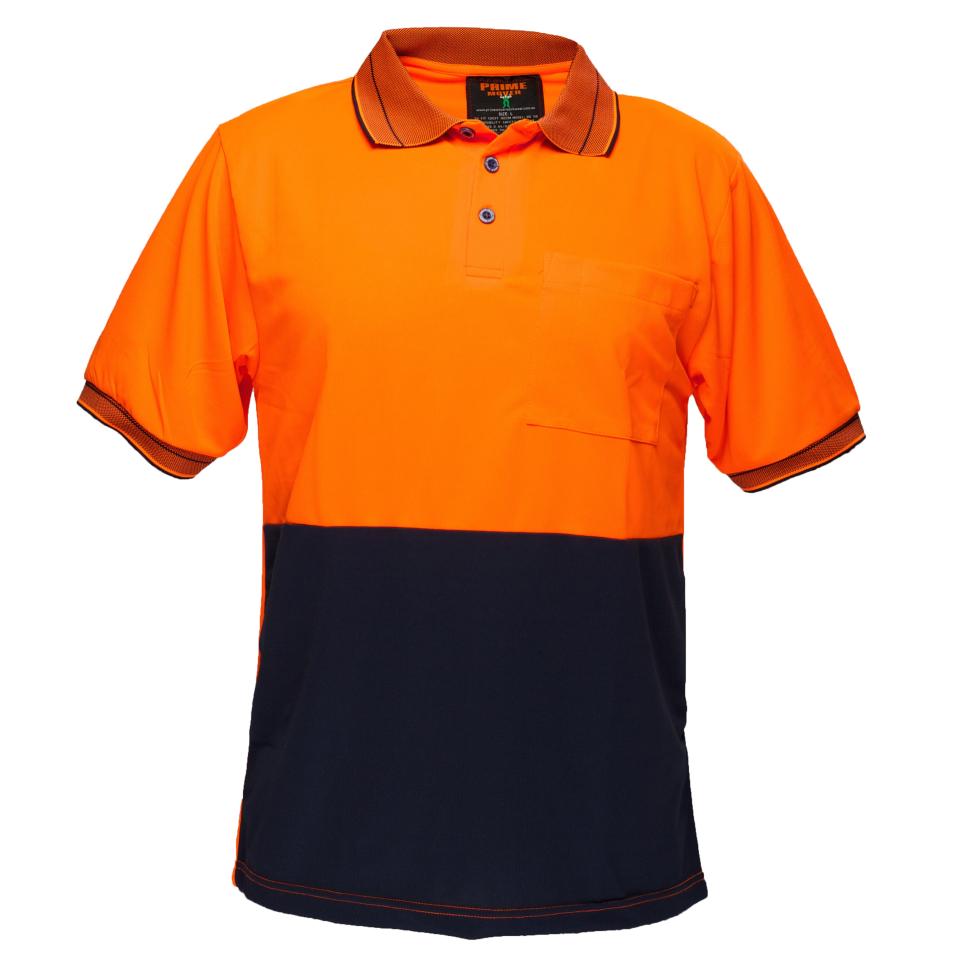 Prime Mover Hv210 Cotton Backed Polyester Hi Vis Polo Shirt Short Sleeve Orange/Navy Med