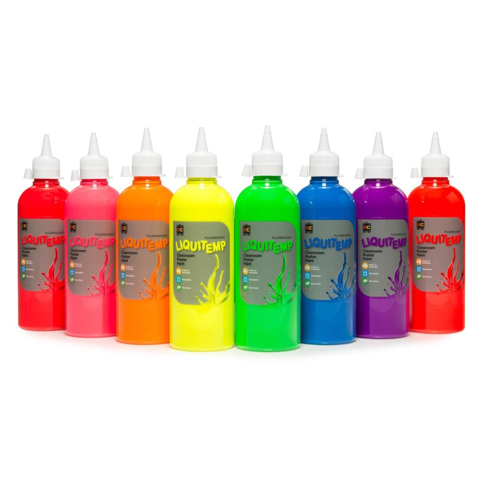 Ec Liquitemp Classroom Poster Paint 500ml Assorted Fluoro Colours Pack 8