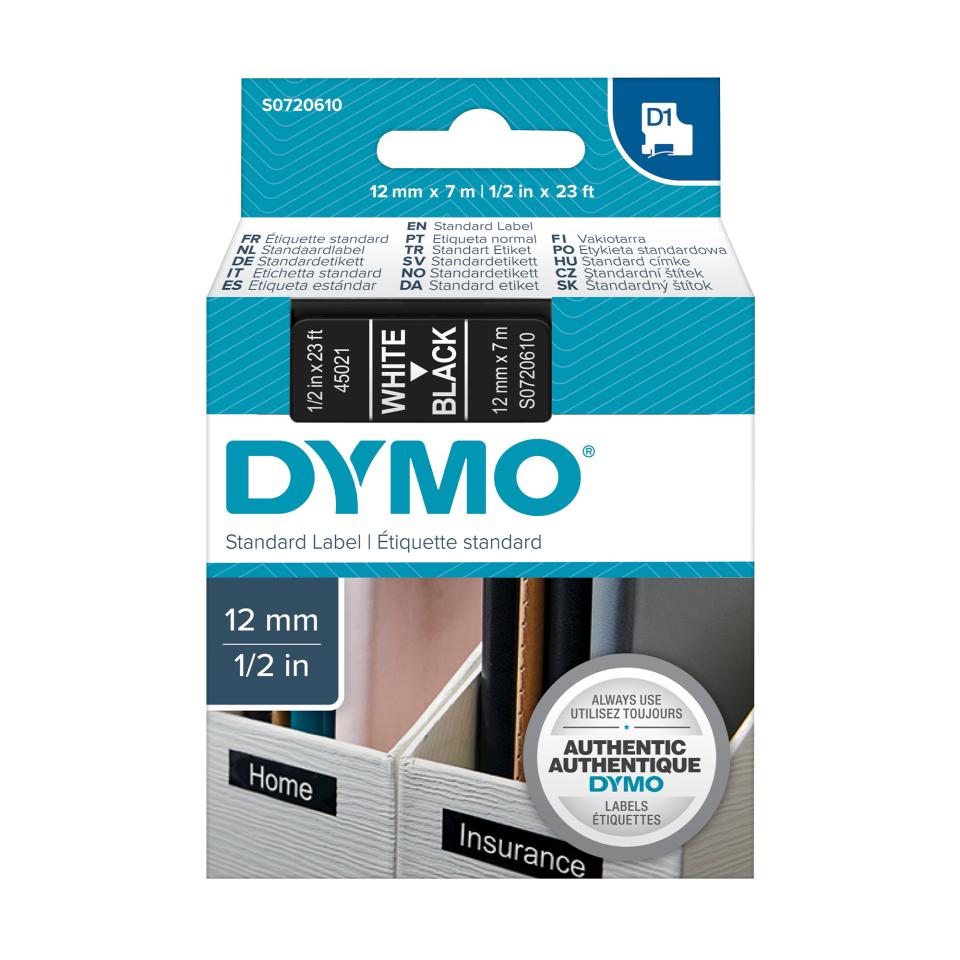 Dymo D1 Label Printer Tape 12mm x 7m White On Black Winc