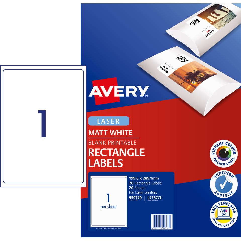 Avery Matte Photo Quality Labels for Laser Printers - 199.6 x 289.1mm - 20 Labels (L7167CL)