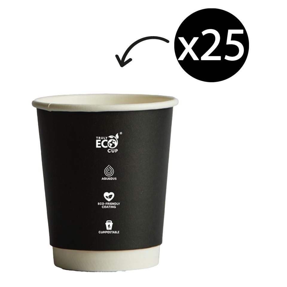 Truly Eco Double Wall Coffee Cup Black 8oz with 80mm Rim Pack 25 | Winc