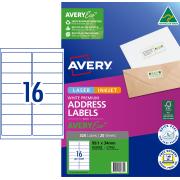 Avery Premium White Inkjet Laser Address Labels with AveryEco 16UP 20 Sheets 99.1 x 34mm L7162