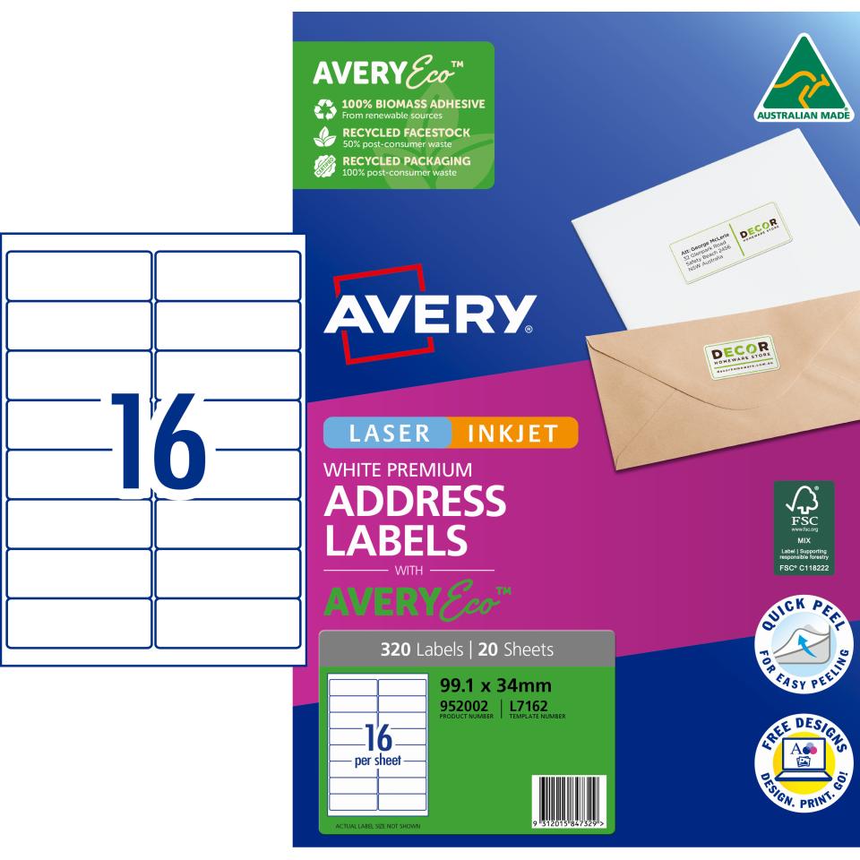 Avery Premium White Inkjet Laser Address Labels with AveryEco 16UP 20 Sheets 99.1 x 34mm L7162 Image