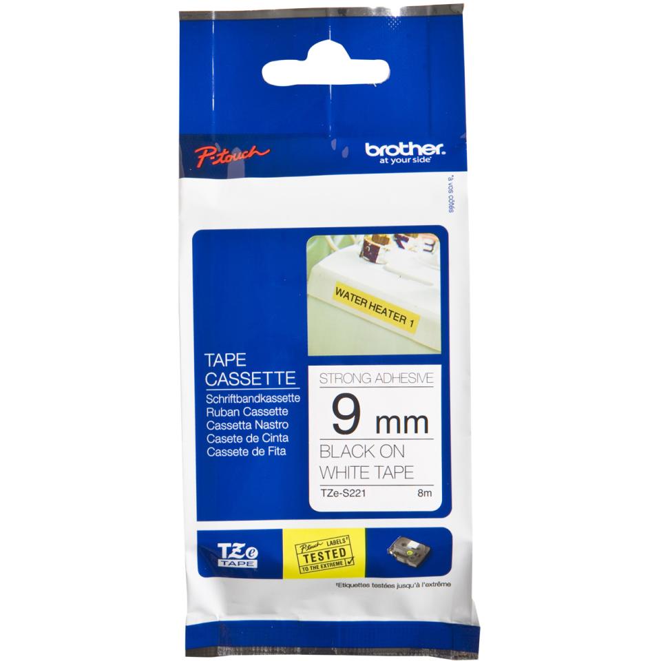 Brother TZE-S221 Tape Label Adhesive BLACK/WHITE 9mm